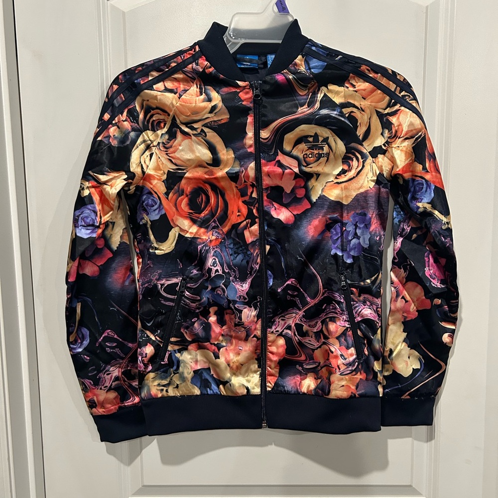 adidas Floral Bomber Track Jacket - Black with Multicolor Roses